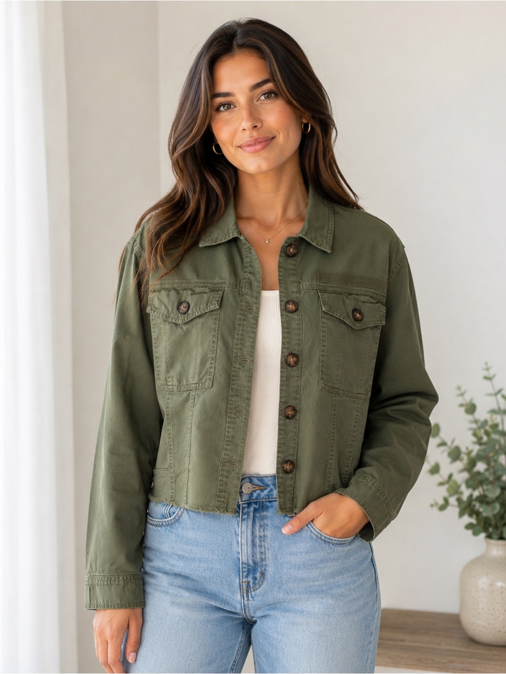 Kensie Jeans Women’s Army Green Cropped Button-Up Jacket Size Medium